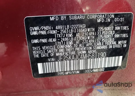 2021 Subaru Forester Premium z USA, uszkodzony, nr VIN JF2SKAJC4MH581190